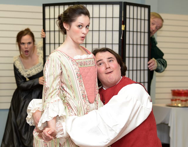 Erica Litten, from left, Ashley Phipps, Logan Cox and Reid Dalton star in Studio 1’s production of “She Stoops to Conquer.”