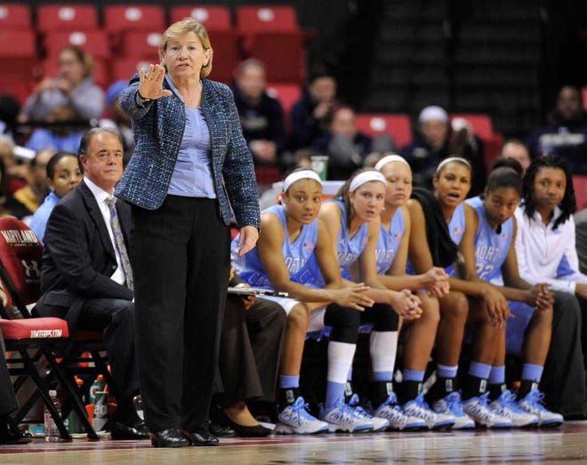 North Carolina coach Sylvia Hatchell, standing left, calls to her team during a game against Maryland on Jan. 24 in College Park, Md. Hatchell and the Tar Heels face No. 5 Duke on Sunday. If North Carolina wins, it would be Hatchell's 900th career victory.