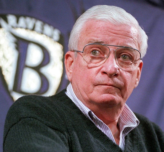 FILE - This Dec. 28, 1998 file photo shows Baltimore Ravens owner Art Modell listening to a reporters question during a news conference at the Ravens training facility in Owings Mills, Md. Former Ravens owner Modell has died. He was 87. The team said Modell died of natural causes early Thursday, Sept. 6, 2012, at Johns Hopkins Hospital, where he had been admitted Wednesday. (AP Photo/John Gillis, File)