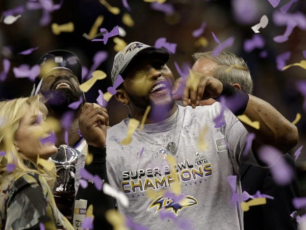 Baltimore Ravens linebacker Ray Lewis celebrates after defeating the San Francisco 49ers 34-31 in the NFL Super Bowl XLVII football game, Sunday, Feb. 3, 2013, in New Orleans.