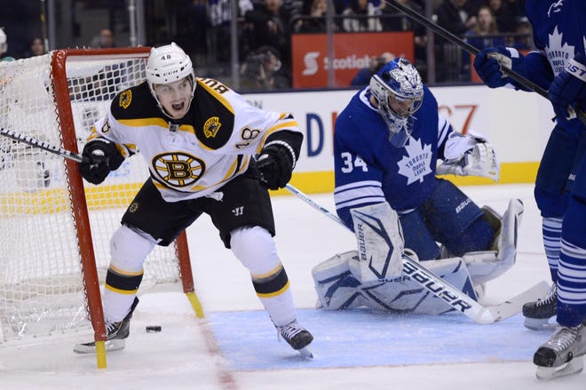 Boston Bruins left wing Chris Bourque celebrates his goal on Toronto Maple Leafs goalie James Reimer during the first period of a game in Toronto.