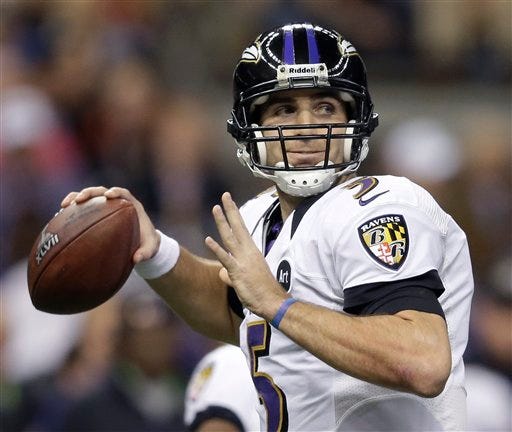 Baltimore Ravens quarterback Joe Flacco looks to throw a pass during the first half Sunday in Super Bowl XLVII against the San Francisco 49ers. The Ravens won 34-31, and Flacco was named MVP.
