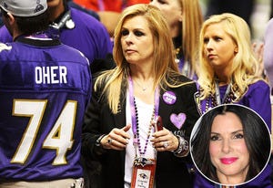 Michael Oher, Leigh Anne Tuohy and daughter; inset: Sandra Bullock | Photo Credits: Ronald Martinez/Getty Images; Alberto Ortega/Getty Images