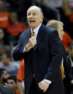 Miami head coach Jim Larranaga calls out a play during the first half of an NCCA college basketball game against Boston College, Tuesday, Feb. 5, 2013 in Coral Gables, Fla. (AP Photo/Wilfredo Lee)