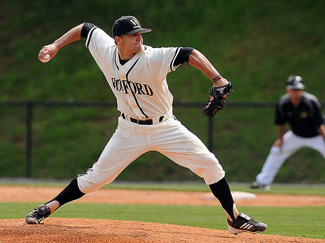 Starting pitcher Brandon Yarusi (16) of the Wofford College Terriers in a game against the Appalachian State Mountaineers on April 28, 2012, at Russell C. King Field in Spartanburg, South Carolina.