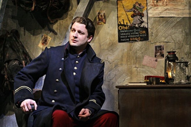 Conflicted French Lieutenant Audebert (Liam Bonner) contemplates the surprising, and welcomed, cease-fire in "Silent Night." Bonner is making his debut with Opera Philadelphia in the role.