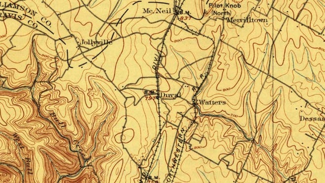 A 1921 USGS map shows the lost towns of Duval and Watters as well as others in northern Travis County.