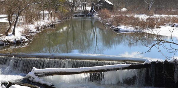 Doreen Powers sent our reader photo of the day of the old Brinker's Mill in Sciota. Here's a full winter's view of the stream that kept the mill working, she said.