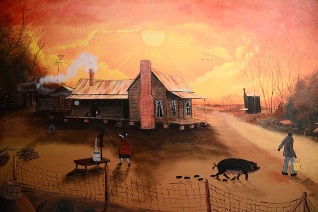 The late Chick Wooten grew up on a farm in La Grange. Best known for his paintings of life in the Carolina countryside, depicted in ‘Country Ham Smoke, In Sunset Raises,’ his central themes are family life, togetherness especially in tough times, and the importance of faith and community traditions.