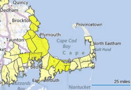 Parts of the lower South Shore served by NStar are still without power on Wednesday, Feb. 13, 2013, after the two-day blizzard. In the communities in bright yellow, 1 to 10 percent of customers have no service; light yellow is less than 1 percent.