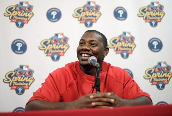 Philadelphia's Ryan Howard smiles during a news conference in Clearwater, Fla.