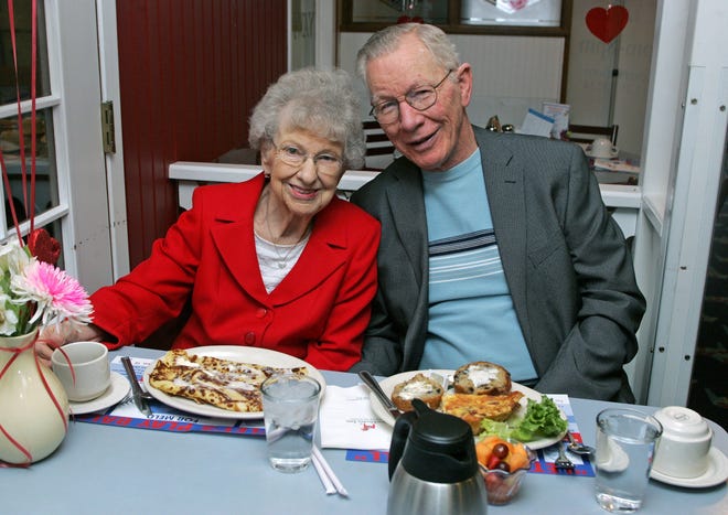 Bernice and Hugo Lehmann, who have been married for 5 years after meeting on eHarmony, eat Tuesday, Feb. 5, 2013, at Stockholm Inn, where they are regulars.