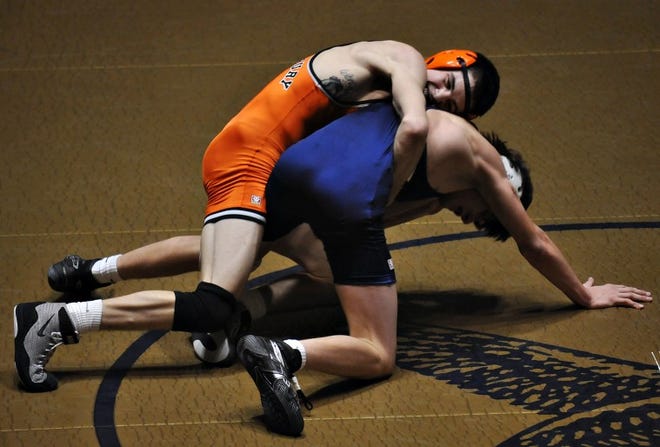 Pennsbury's Jason Bing (top) controls Council Rock South's Harry Murray in their 120-pound match on Jan. 9. Bing won 4-1.