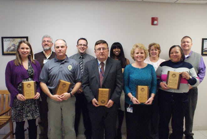Gaston County’s 2012 Employees of the Year, pictured from left to right, are: Brittain Kenney, Tim Rollins, Steve Dover, Adam Ragan, Mike Brown, Dr. Christi Bartell, Karen Calhoun, Janet Cranford, Marcella McCaskill and Dean Jenkins.