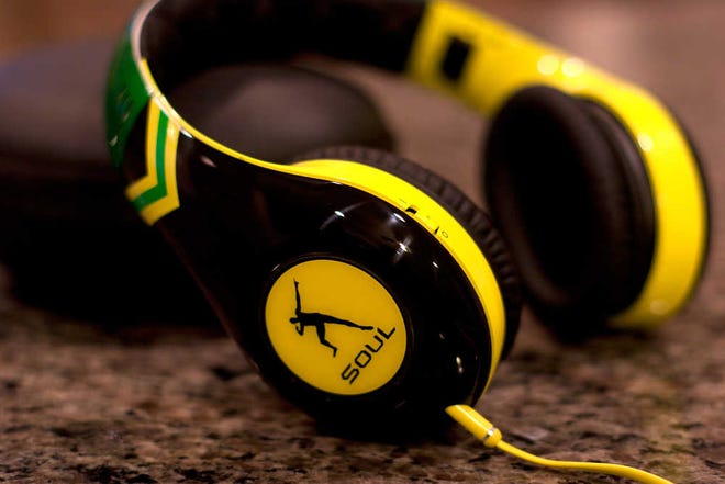 A pair of headphones from SOUL by Ludacris is shown. The Usain Bolt signature model headphones feature noise-canceling technology, 40mm drivers and collapsible construction.