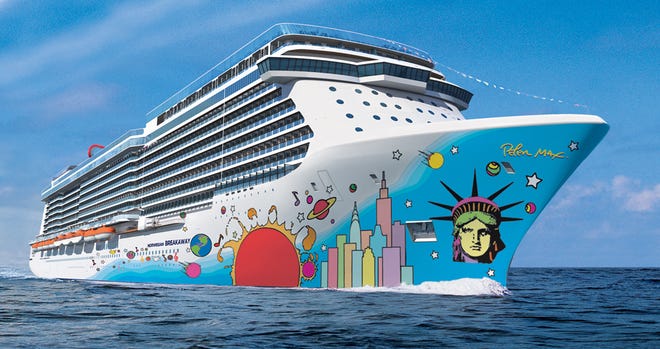 An artist'­s rendering shows the exterior of Norwegian Cruise Line's Breakaway. The ship'­s hull features the unmistakable pop art of Peter Max, with Lady Liberty's face and a city skyline anchoring the brightly colored design. The ship will carry 4,028 guests and will be the largest ever to homeport year-round in New York City, beginning in May. It'­s considered one of the hottest new cruise ships coming out this year. (AP Photos/Norwegian Cruise Line)