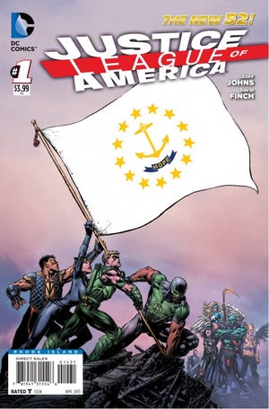 The new Justice League of America comic book series debuts today with an individual cover for each of the 50 states, including Rhode Island, shown here.