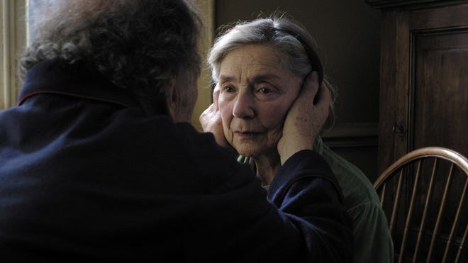 Jean-Louis Trintignant, left, as Georges and Emmanuelle Riva, right, as Anne, are retired music teachers facing the end of life in 'Amour,' which won the Palme d’Or at Cannes, and is up for five Academy Awards, including best picture, best director and a best actress nomination for Riva. Photo by Darius Khondji. (Copyright Films du Losange, Courtesy of Sony Pictures Classics)