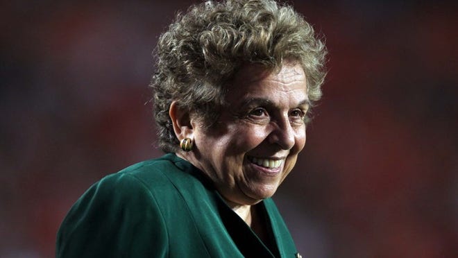 University of Miami President Donna Shalala, shown in 2011 at a Hurricanes football game, said in a statement on Monday, Feb. 18, 2013, that the university had been "wronged" in the NCAA investigation of the athletic program.
