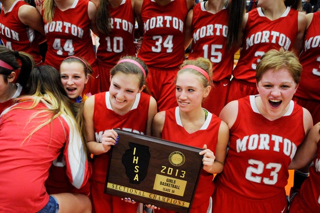The Morton girls basketball team celebrates after defeating Limestone 49-41 on Thursday in a Class 3A sectional championship game at Washington Community High School.