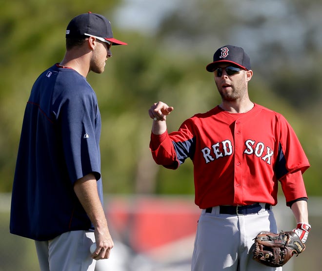 Will Middlebrooks (left) talks with teammate Dustin Pedroia during a spring training baseball workout on Wednesday in Fort Myers, Fla.