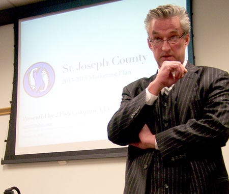 St. Joseph County Commissioner Don Eaton provided demographic information Thursday at a meeting about a proposed marketing plan to attract Chicago-area residents to retire in St. Joseph County.