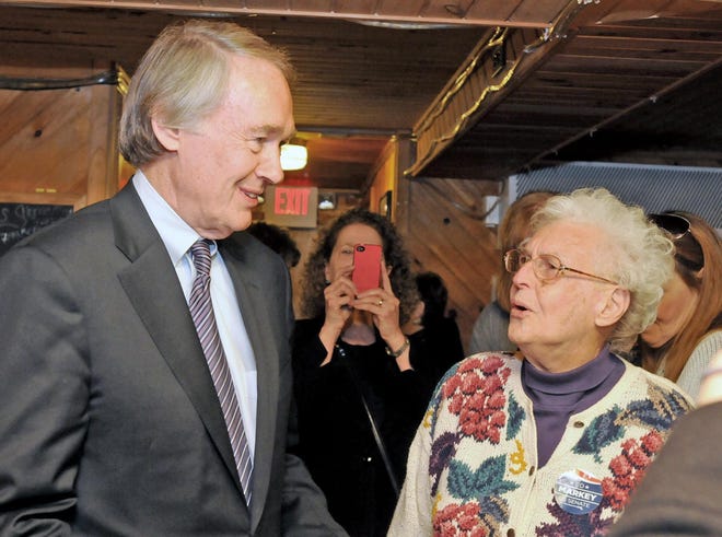 Ed Markey, talks with Kathleen Roberts, of Raynham, a Retired teacher and President of the MTA, who was with a group of educators.