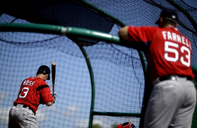Boston Red Sox catcher David Ross, left, takes batting practice as manager John Farrell, right, watches during a spring training baseball workout, Wednesday, Feb. 20, 2013, in Fort Myers, Fla.