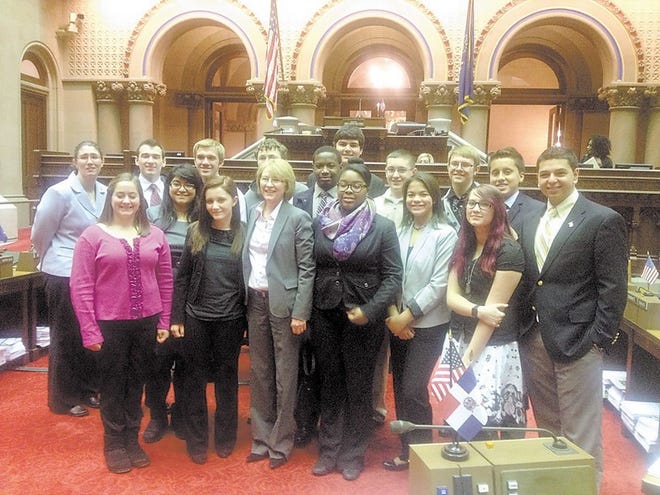 Students and their leaders from several school districts visit Assemblywoman Aileen Gunther during a recent trip to Albany in which they sought funding for youth programs.
