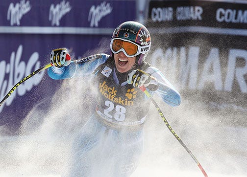 Spain's Carolina Ruiz Castillo celebrates at the finish area after winning an alpine ski, women's World Cup downhill race, in Meribel, France, Saturday, Feb. 23, 2013. (AP Photo/Enrico Schiavi)