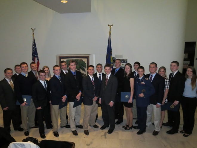 Congressman Mike Fitzpatrick hosted a reception Feb. 19 at the Bucks County Courthouse to congratulate student residents of the Pennsylvania's 8th Congressional District upon receiving a Congressional nomination to one of the nation's military service academies of the Military Academy at West Point, the Air Force Academy, and the Naval Academy at Annapolis. Nominations are awarded after a highly selective and competitive application process, placing candidates on track for admission into the nation's service academies. 
 Front row left to right, Kevin Jongeneel of New Hope, U.S. Naval Academy; Zachery Kane of Doylestown, U.S. Naval Academy, U.S. Military Academy and U.S. Air Force Academy; Matthew Kasper of Holland, U.S. Military Academy; Ryan Kelly of Warrington, U.S. Naval Academy; Geoffrey Kuhn of Doylestown, U.S. Naval Academy, U.S. Military Academy, U.S. Air Force Academy and U.S. Merchant Marine Academy; Thomas Loveless of Perkasie, U.S. Air Force Academy and U.S. Merchant Marine Academy; James McCarron of Richboro, U.S. Merchant Marine Academy; Sarah Mitchell of Oakford, U.S. Air Force Academy and U.S. Merchant Marine Academy; Anthony Prato of Richboro, U.S. Air Force Academy and U.S. Merchant Marine Academy; Jacob Price of New Britain, U.S. Naval Academy and U.S. Military Academy. 
 Back row left to right: Jakob Arentzen of Warminster, U.S. Air Force Academy and U.S. Merchant Marine Academy; Christopher Bagnick of Chalfont, U.S. Naval Academy; Natasha Bednarz of Yardley, U.S. Naval Academy; Matthew Brown of Perkasie, U.S. Military Academy; Jonathan Earp-Pitkins of Levittown, U.S. Air Force Academy and U.S. Merchant Marine Academy; Daniel Frasch of Quakertown, U.S. Military Academy; Elizabeth Goldner of Langhorne, U.S. Naval Academy; Robert Reading of Newtown, U.S. Military Academy; Megan Shenk of Perkasie, U.S. Air Force Academy.