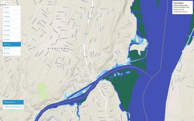 Light blue shaded areas on this map indicates projected 48-inch high-water marks in waterfront communities in Kingston.