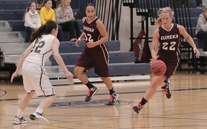 Caty Eeten, right, charges past opponents in a recent game while Jylynn Stewart moves into position for the Eureka College women's basketball team.