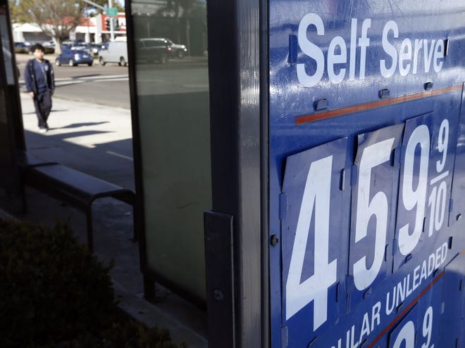 A gas station displays a price of $4.59 for a gallon of self-service regular gas in San Diego. In Gainesville, recent prices for a gallon of regular ranged from $3.81 to $4.09. (The Associated Press)