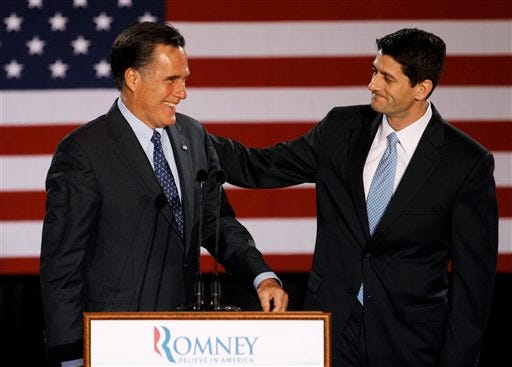 FILE - House Budget Committee Chairman Rep. Paul Ryan, R-Wis. introduces Republican presidential candidate, former Massachusetts Gov. Mitt Romney before Romney spoke at the Grain Exchange in Milwaukee, in this April 3, 2012 file photo. Romney has picked Wisconsin congressman Paul Ryan to be his running mate, according to a Republican with knowledge of the development. They will appear together Saturday Aug. 11, 2012 in Norfolk, Va., at the start of a four-state bus tour to introduce the newly minted GOP ticket to the nation. (AP Photo/M. Spencer Green, File)