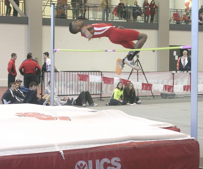 Monmouth College sophomore James Wilson clears the high jump bar at the Midwest Conference Meet.