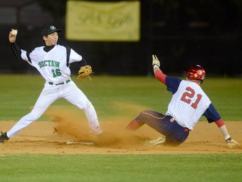 Fort Walton Beach's Kevin Jones, right, is out at second base as Choctawhatchee's Zach Jowers tries for the double play in the first inning on Thursday.