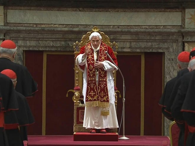 In this image taken from video, Pope Benedict XVI delivers his final greetings to the assembly of cardinals at the Vatican Thursday. (AP Photo/Vatican TV)