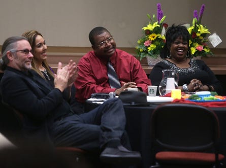 Bay County disc jockey legend Curtis "C.C." Carter, center, is honored during a Black History Month celebration at Florida State University on Thursday.