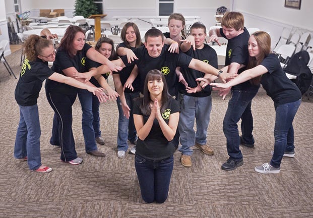 The youths of Clearview Baptist Church rehearse a scene from a skit titled 'Everything' that they have been practicing in preparation for an upcoming youth conference they will host. Pictured are (from left) Ana Butler, Dani Miller, Terra Amerson, Jonna Meitzler, Chase Rhodes, Christina Honeycutt, Haven Gragg, Lucas Varner, Kala Varner and Tori Evans.