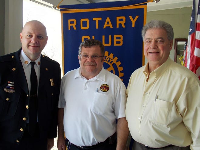 (Left to right) Louisiana State Fire Marshall H. Butch Browning stands with Donaldsonville Fire Chief Chuck Montero and Donaldsonville Rotary Club president Marvin Gros at the club’s weekly luncheon at Café Lafourche.