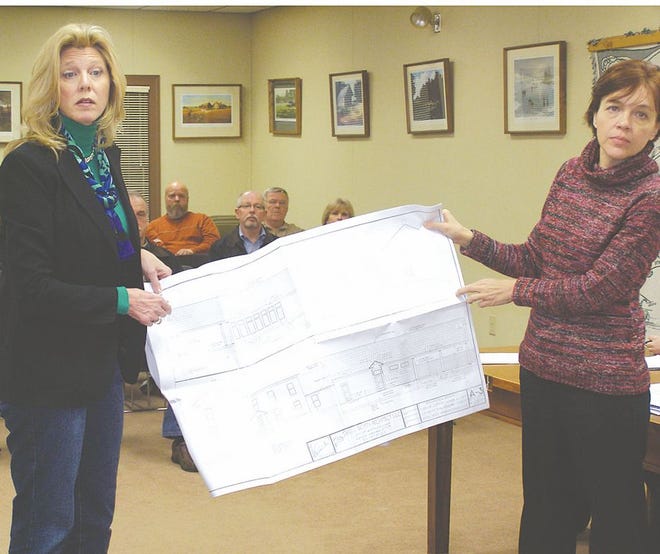Kim Robinson, left, with assistance from borough manager Susan Armstrong, shows council the plans for an expansion of her restaurant.