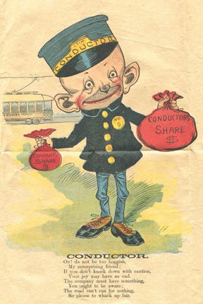This drawing of a streetcar conductor, accompanied by a satirical statement, were recently found in an attic and may have ties to Kewanee’s streetcar past from the early 1900s.