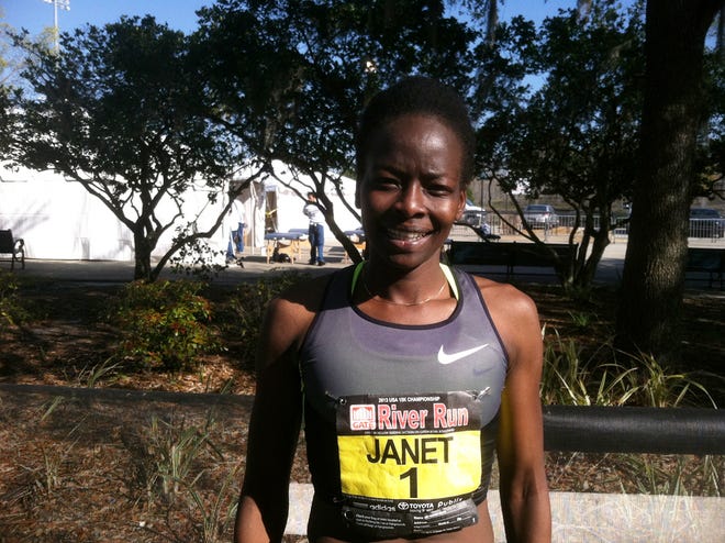 Janet Cherobon-Bawcom, who finished in 49:44, used the 6-minute, 35-second elite women's head start to her advantage and pulled away late and collect a $5,000 bonus for being the first runner to cross the finish line.