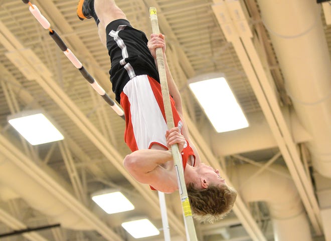 Canandaigua's Sam Harding works on his pole vault during their practice.