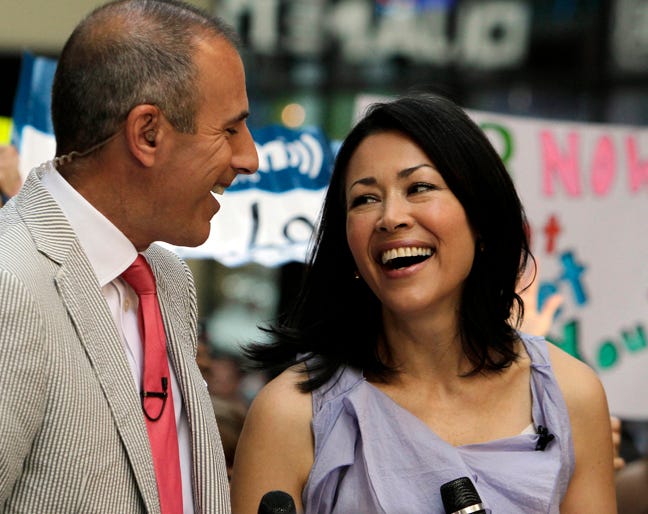 In this July 22, 2011 file photo, NBC "Today" television program co-hosts Matt Lauer and Ann Curry appear during a segment of the show in New York.