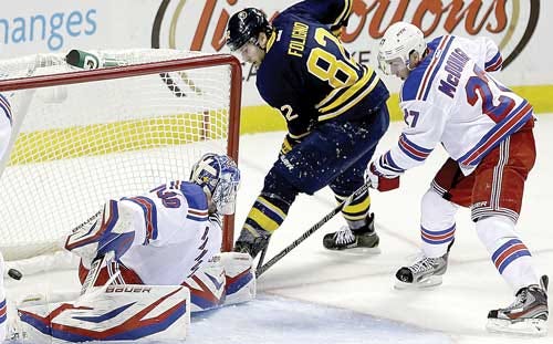 Marcus Foligno (center) scores the first of his two goals on Rangers keeper Henrik Lundqvist (bottom, left) as the Rangers' Ryan McDonagh tries to defend during the second period of Tuesday night's game in Buffalo.