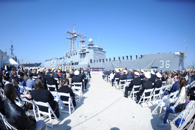 The first commanding officer of USS Underwood (FFG 36), Capt. Andrew C. Beck II, USN (Ret.), delivers remarks during the decommissioning ceremony for the guided-missile frigate USS Underwood (FFG 36) at Naval Station Mayport.Underwood, named for Captain Gordon Waite Underwood, was commissioned on Jan. 29, 1983 as the 29th ship of the Oliver Hazard Perry class of guided-missile frigates, it was on active service for more than 30 years.