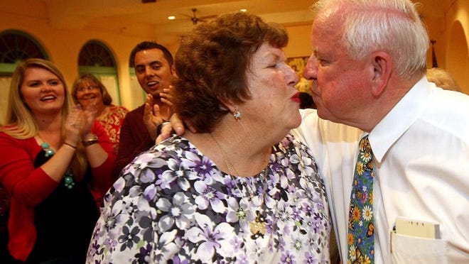 Jerry Taylor celebrates wth his wife Dolores after being elected mayor of Boynton Beach.
