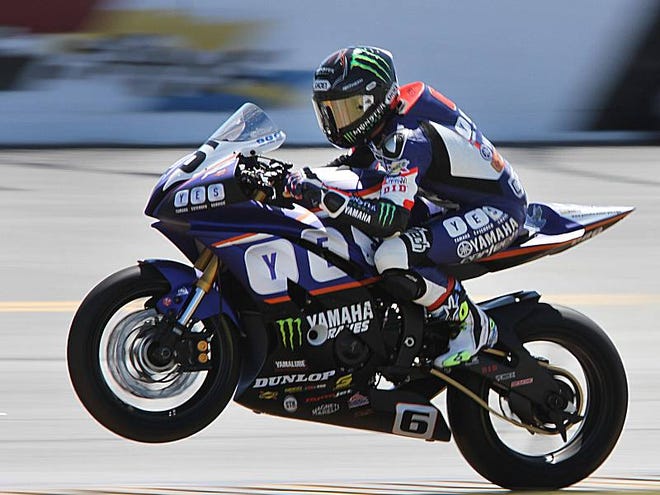 No. 6 Cameron Beaubier powers his Yamaha YZF-R6 out of the chicane on his way to winning the Daytona 200 at Daytona International Speedway on Saturday, March 16, 2013.
